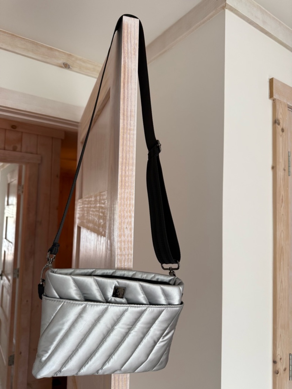 Think Royln - Quilted Silver Crossbody Bag with Black Strap